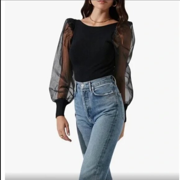 NWT ASTR Semisheer Organza Sleeve Black Chic Bodysuit - Picture 2 of 5